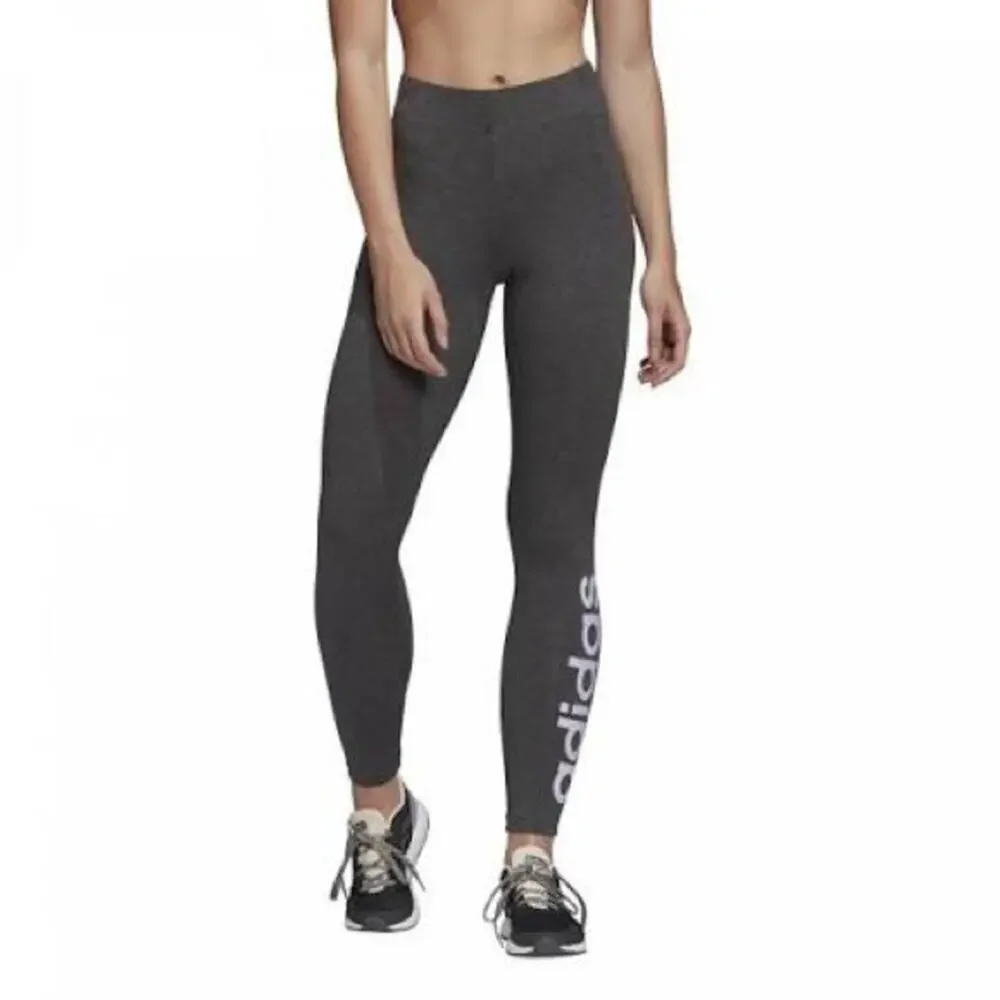 Adidas Essentials Linear Legging Heather Charcoal Gray Lavender Logo FM6689